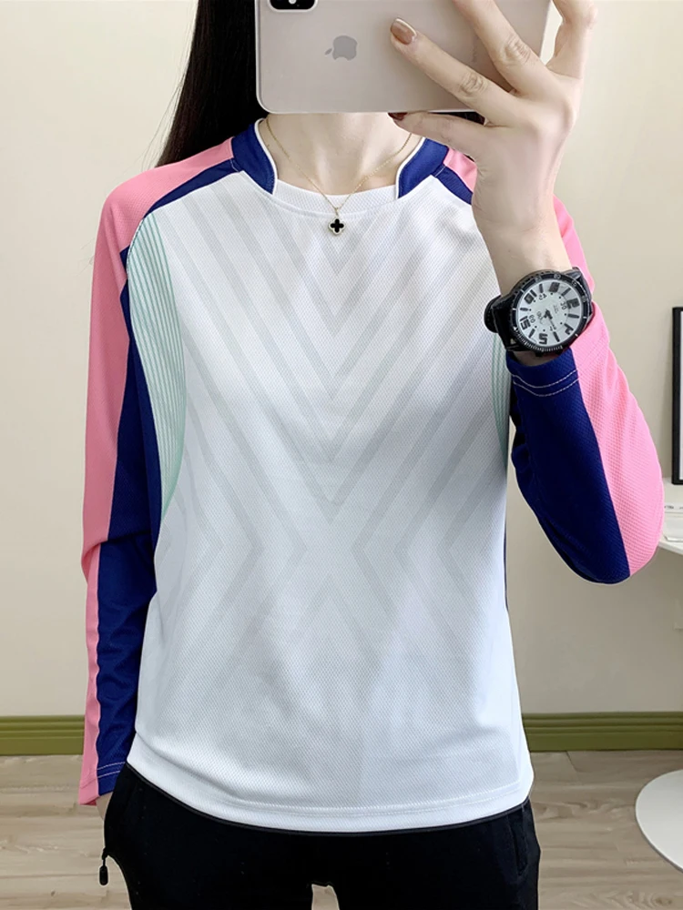 

Модная быстросохнущая женская футболка с длинным рукавом для фитнеса и бадминтона, весна-осень, дышащая, эластичная, свободного кроя.