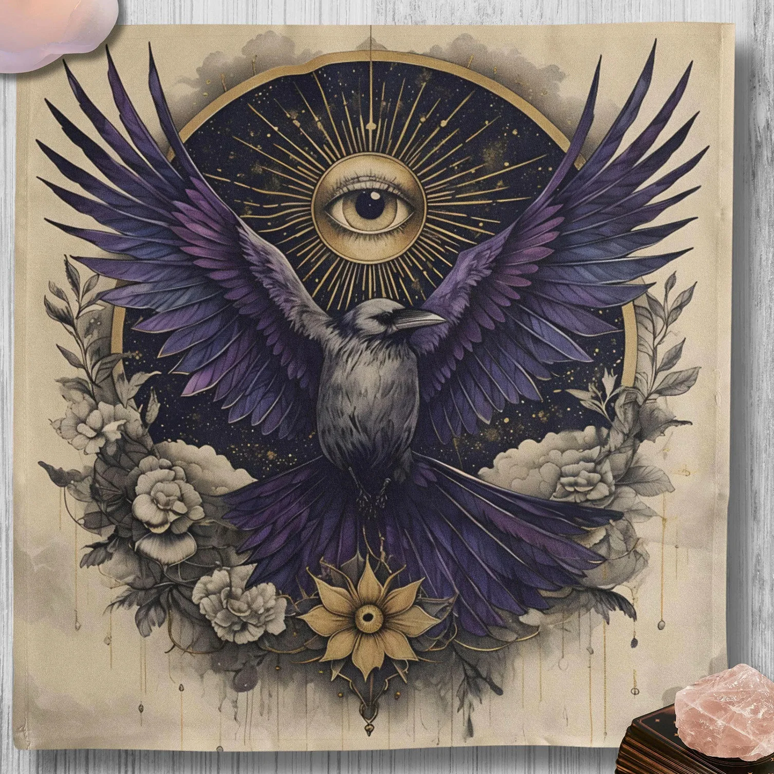 Raven Altar Cloth, Mystical Third Eye & Moon Design, Witchy Tarot Cloth, Pagan Witchcraft Decor, Occult Divination Gift