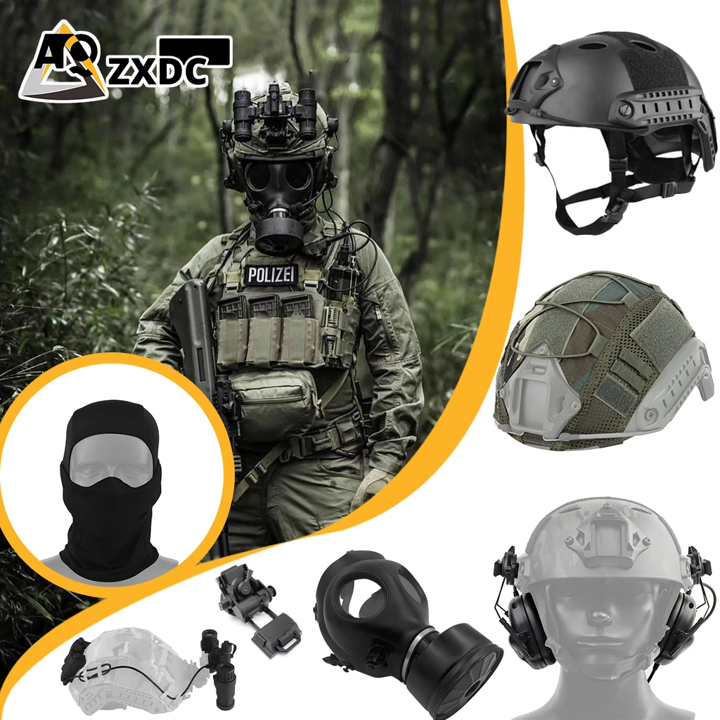 

Airsoft tactical helmet with Full face breathing mask, Multicam camo helmet cover, Communication headphones, L4G24, 7Pcs Set...