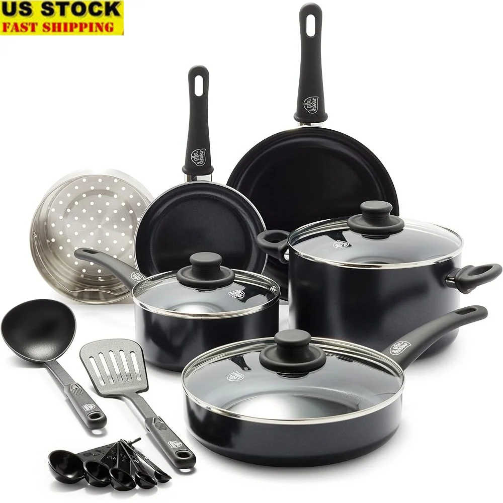 

Healthy Ceramic Nonstick Cookware Set 12 Piece Pots Frying Sauce Saute Pans PFAS-Free Kitchen Utensils Easy Clean Wobble-Free