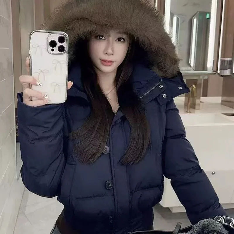 

Korean Fur Collar Hooded Parkas Ladies Fashion Design Cropped Cotton Padded Winter Jacket Female Blue Casual Warm Parka Coats