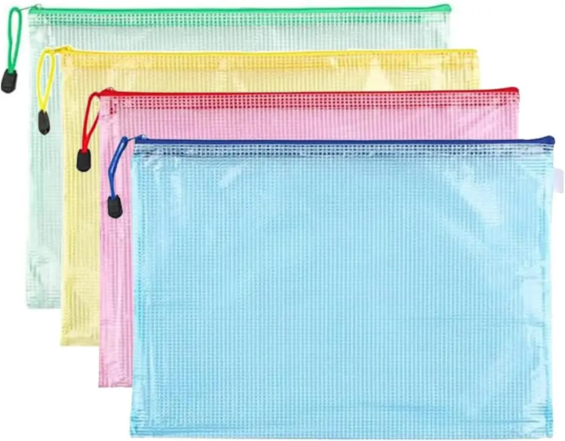 

A4pcs Letter Document File Mesh Bags with Zipper, Waterproof Zipper Bags for Travel Storage, School Office Appliances and Home
