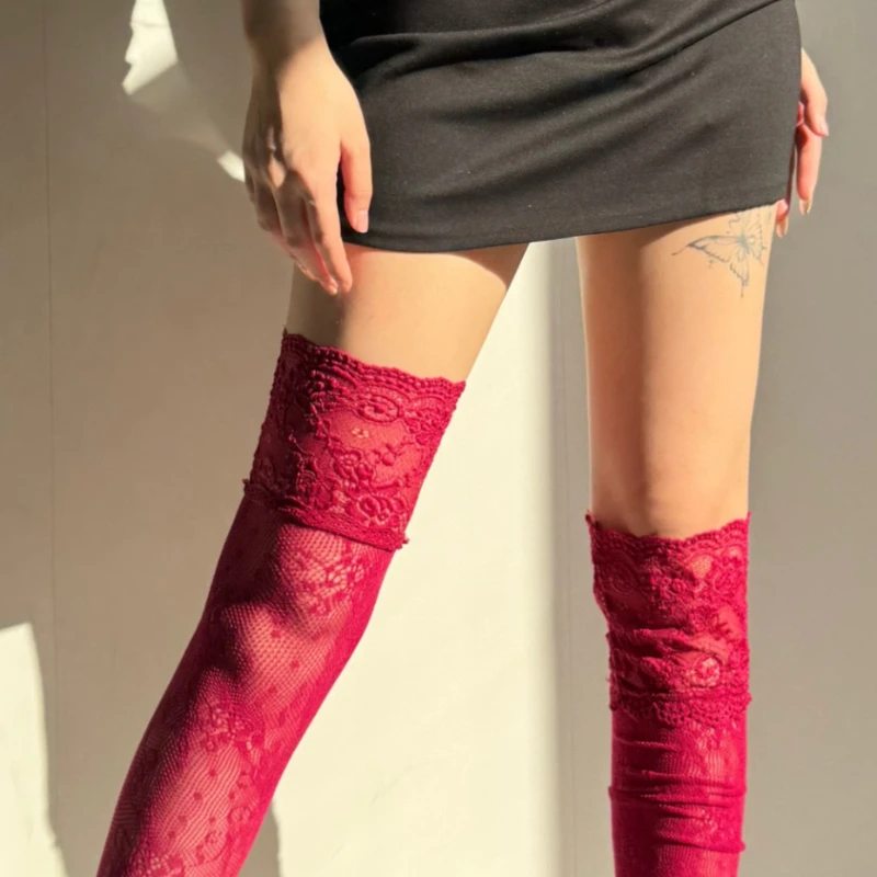 Damen Sexy Spitze Blumen Netzstrümpfe Kostüme JK Lolita Oberschenkelhohe Socken Nylon Mesh Atmungsaktive Overknee-Strümpfe