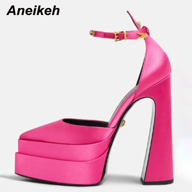 Aneikeh 2024 Fashion Spring Autumn New High Heel Women Shoes Pointed Toe Platform Ankle Buckle Strap Party Wedding Pumps 35-41