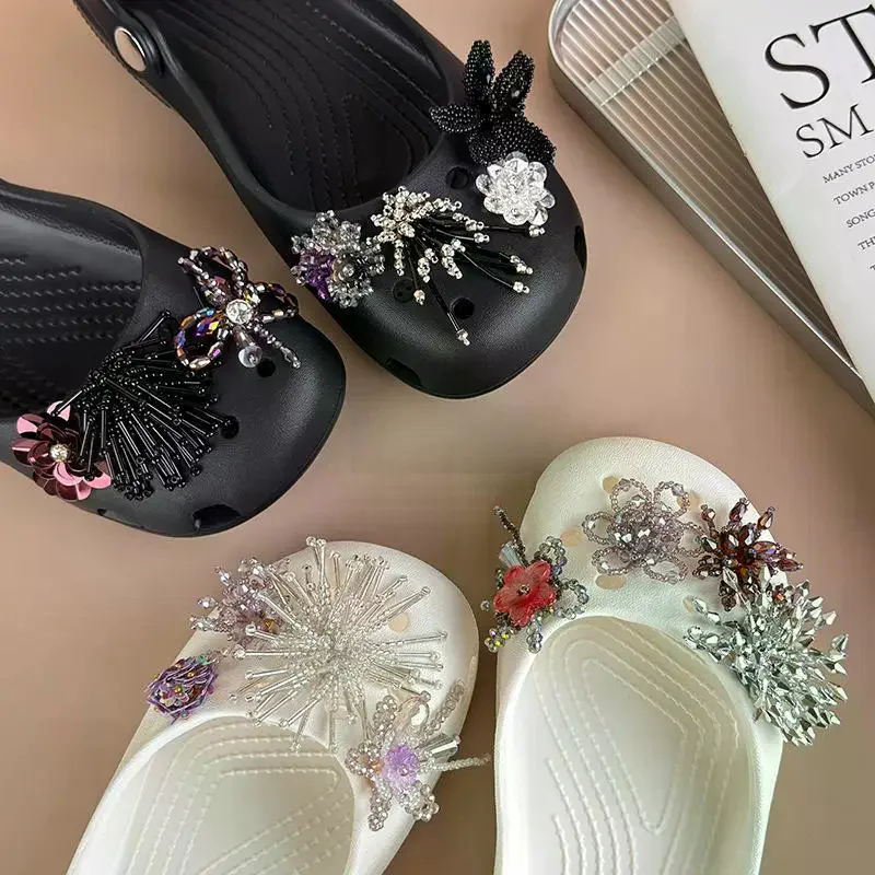 Rhinestone Shoe Charms Sparkly Beaded Flower Design DIY Shoe Decoration Accessories For Women Girls Daily Wear