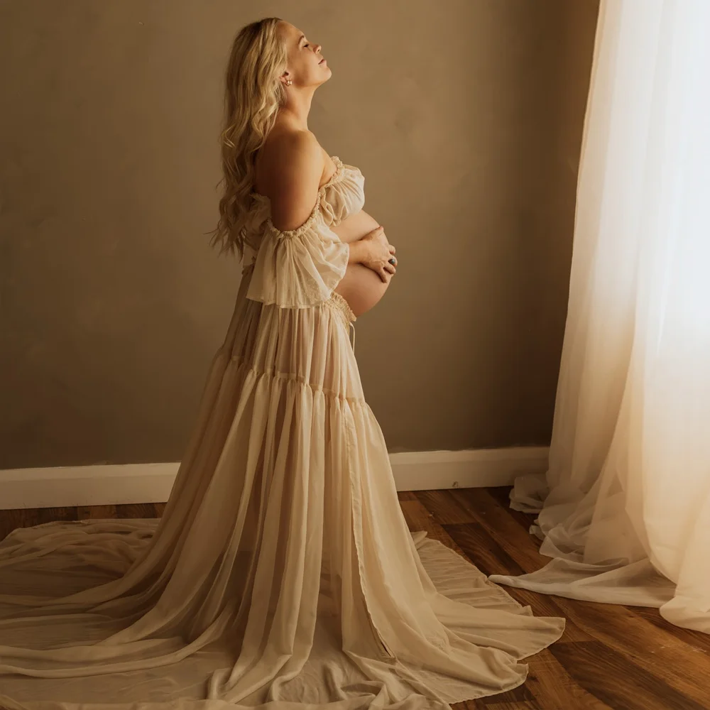 Schwangerschaftsfotografie-Outfit Elegantes schulterfreies, durchsichtiges, ultradünnes Chiffonkleid für Fotoshootings für Frauen