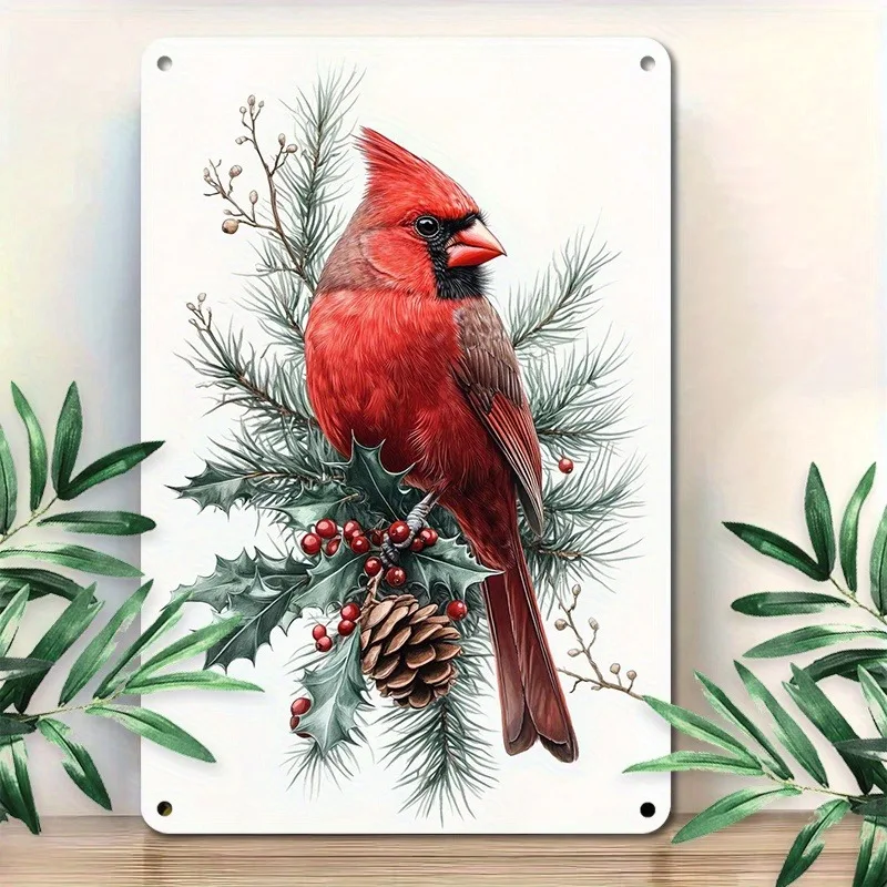 

Festive Aluminum Metal Wall Art: Red Cardinal Perched on Pine with Holly & Berries, Wall Decoration, 7.9x11.8" or 11.8x17.7" 1pc