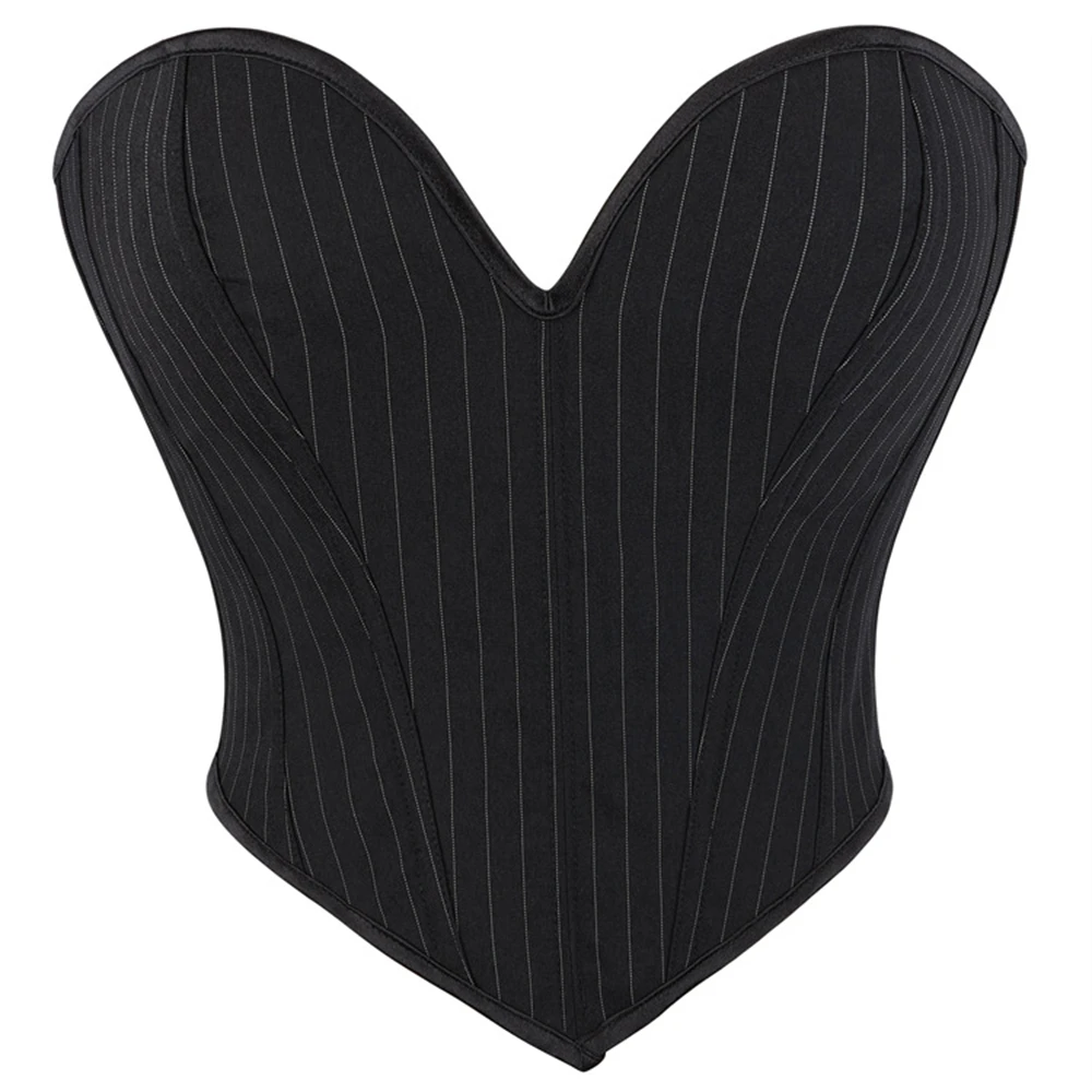 

Black Striped Corset Crop Top Sexy Women Strapless Off Shoulder Bustier Overbust Tank Tops Gothic Lingerie Short Torso Corselet