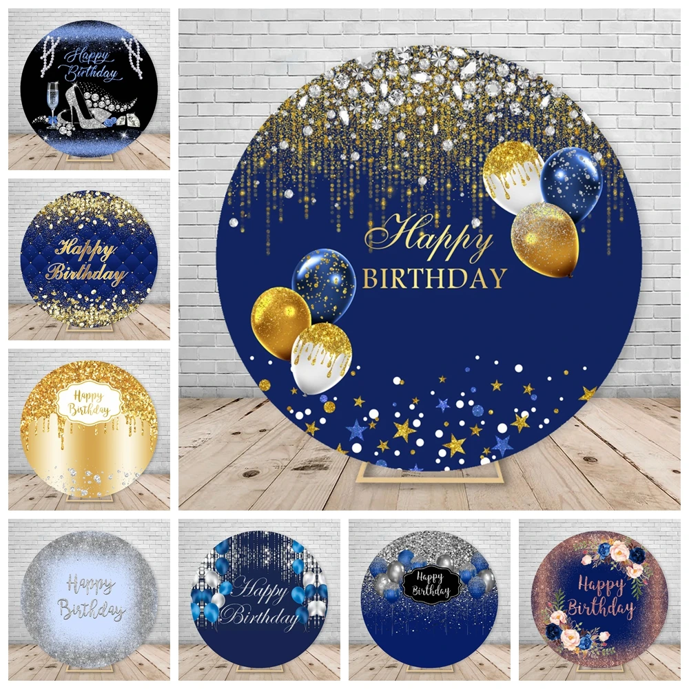 

Adult Birthday Round Photography Backdrop Cover Blue Gold Glitter Balloon Circle Baby Shower Photo Background Studio Props