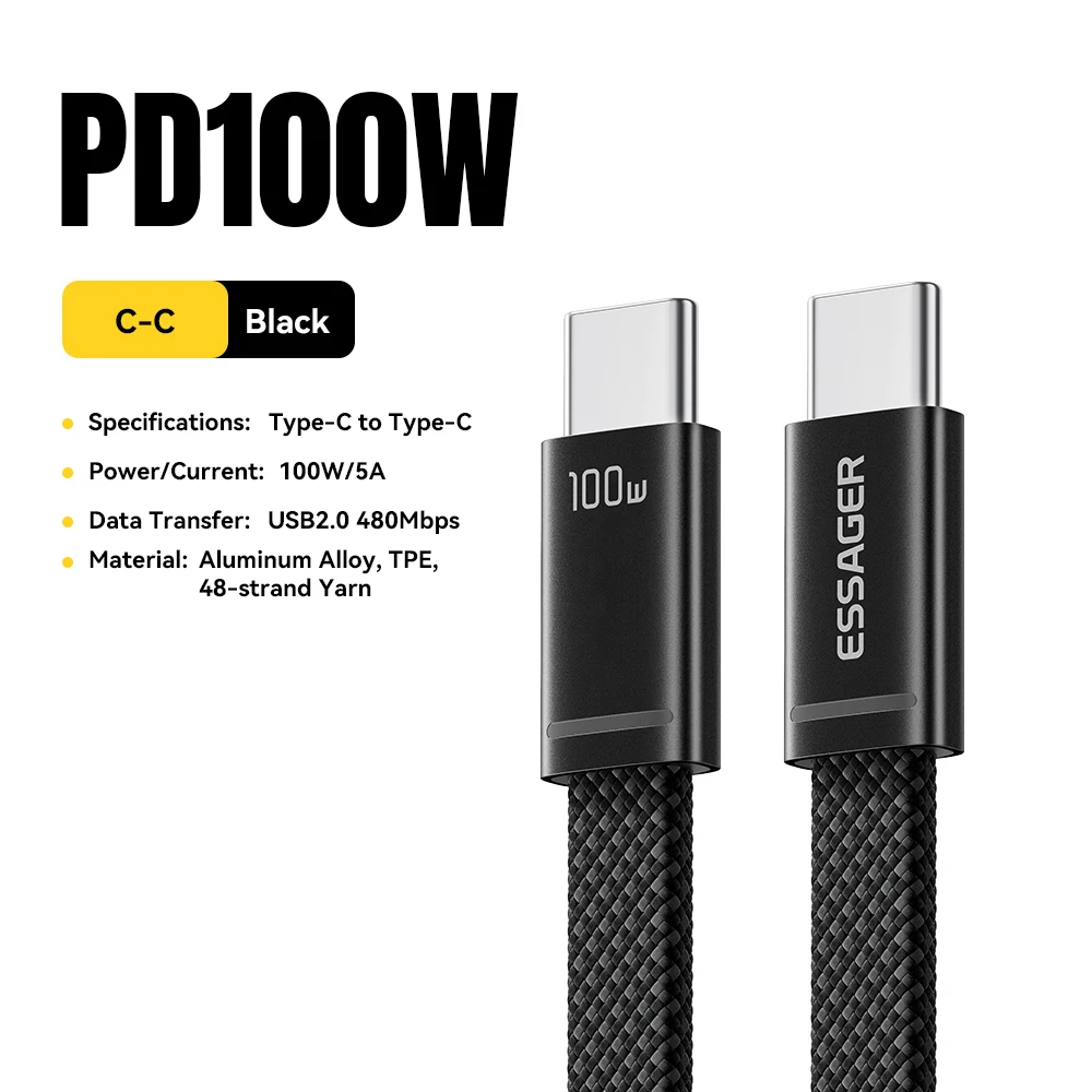 ESSAGER 100W USB-C auf USB-C Slim-Kabel 5A PD Schnellladung für MacBook iPhone 17 16 Pro Max iPad Xiaomi Laptops USB-C Datenkabel