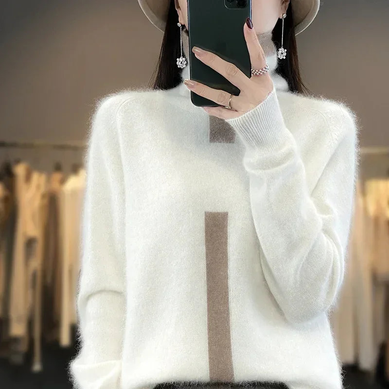 Women\'s High Neck Cashmere Sweater, 100% Pure Mink, Large Size Pullover, Female Top, New, Autumn, Winter, 2023