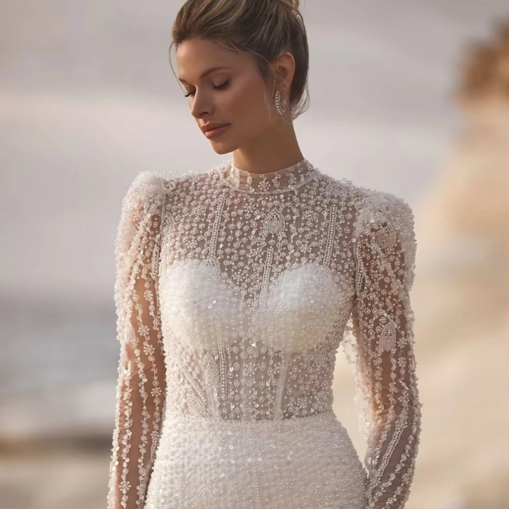 Robe de mariée de luxe glamour personnalisée avec perles, pour femmes, modeste, col haut, manches longues, robe de mariée de rêve, nouvelle collection 2026