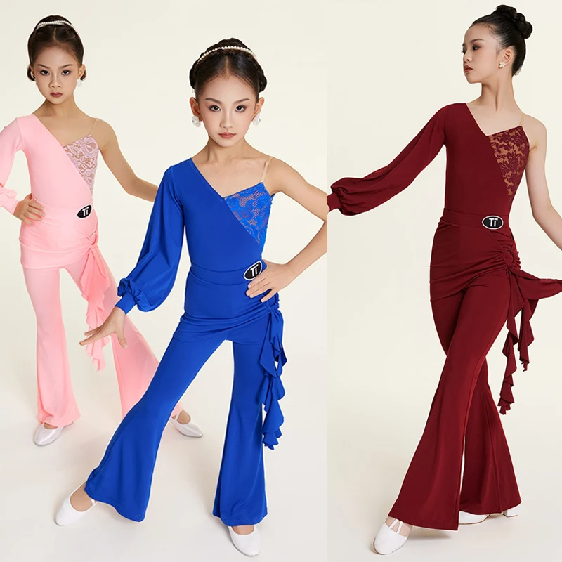

2025 New Latin Dance Professional Suits Girls Performance Dancing Clothes One Sleeve Latin Top Ballroom Dance Pants SL12538