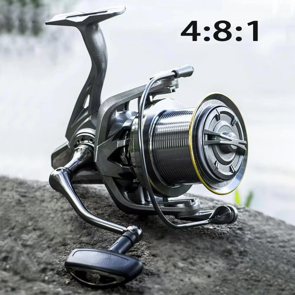 

Metal Big Spinning Fishing Reels 4:8:1 Gear Ratio Max Drag 20KG For Saltwater Freshwater Spool Left/Right Interchangeable Tackle