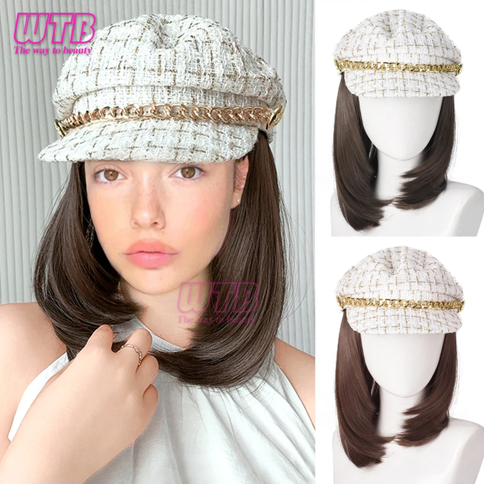 

WTB Synthetic hat wig short hair clavicle hair one female fashion autumn and winter new octagonal hat heat-resistant wig