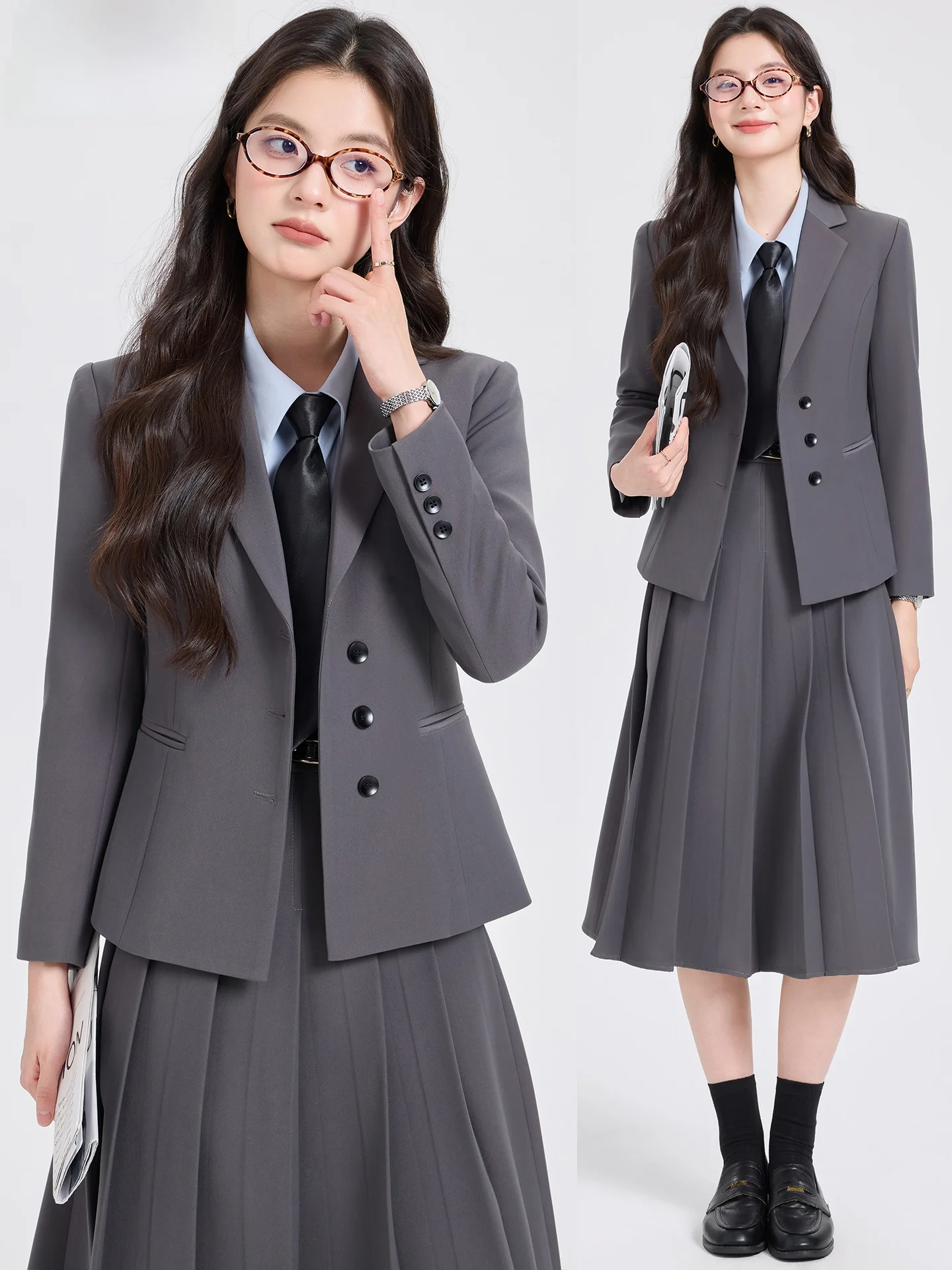

Gray Suit Set Women's Preppy Style Fashionable Youthful High-End Feeling Jacket Skirt Two-Piece Set Professional Interview Su...