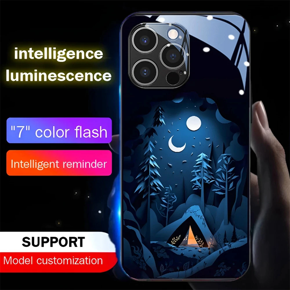 

Moonlight In Snow Smart LED Light Glow Tempered Glass Phone Case For iPhone 16 15 14 13 12 11 Pro Max XR XS Plus 6 7 8 SE2020