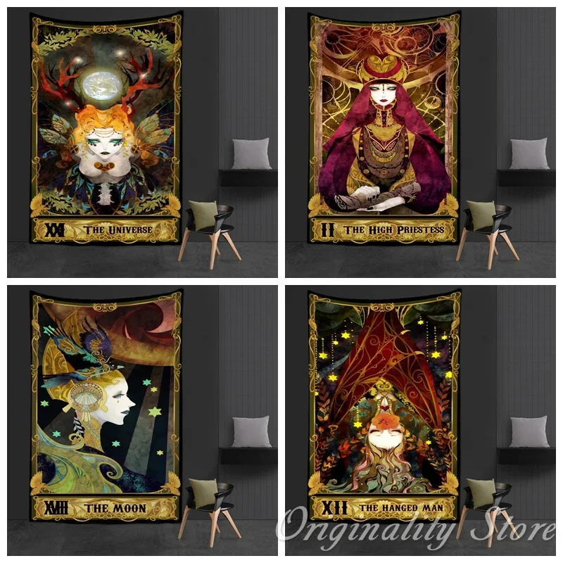 

Western Witch Tarot Card Pattern Tapestry Wall Hanging Psychedelic Decor Moon Sun Flower Mandela Divination