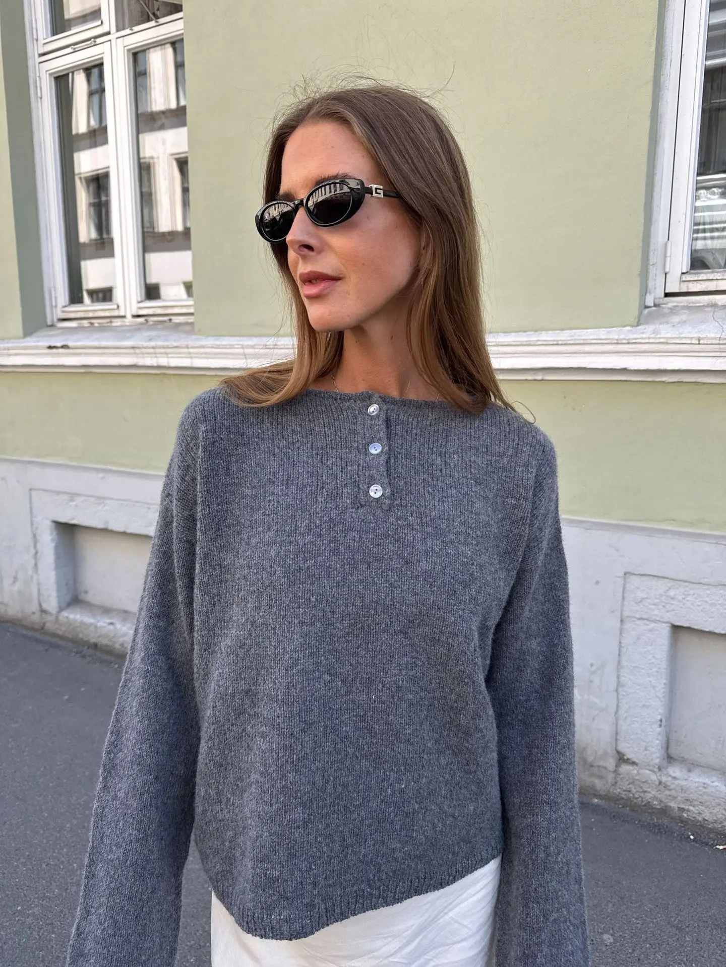 MsChuh Women's Henley Knit Sweaters Boat Neck Half Button Long Sleeve Loose Fit Ropa Mujer Casual Streetwear Knitted Pullovers