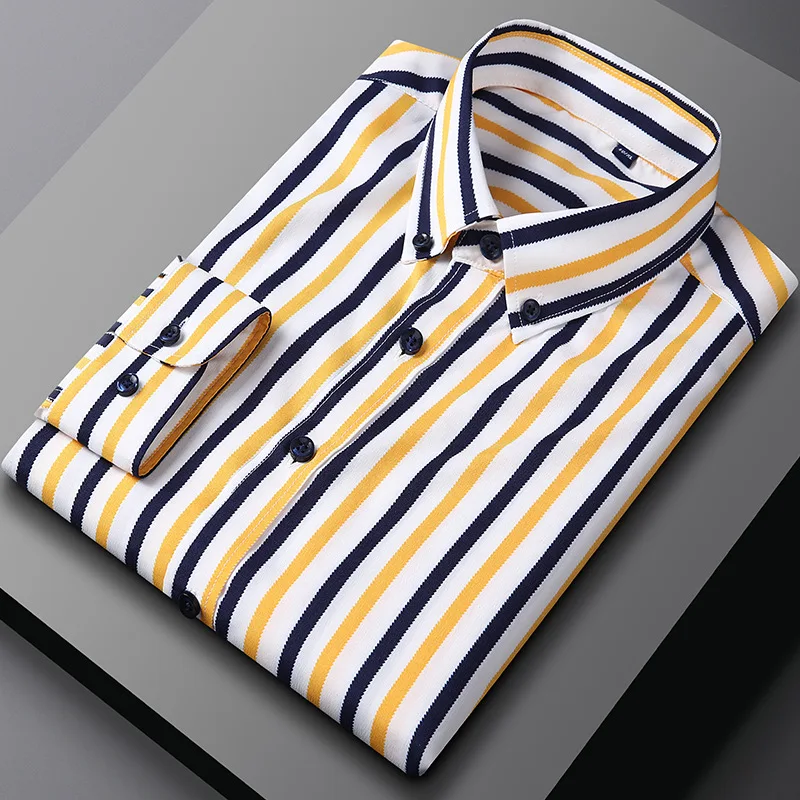 Men's shirt long sleeve spring and summer plaid stripes free ironing business casual slim new solid color thin model