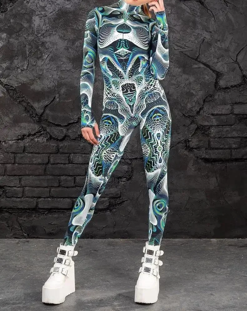 Frauen bunte abstrakte Geometrie Overall Cyberpunk Cosplay Bodysuit Steampunk Karneval Kostüm Halloween Party Zentai Anzug