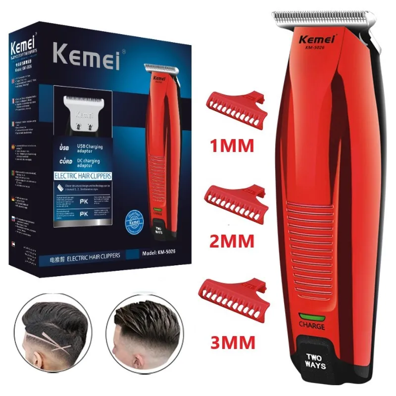 Professional Hair Clipper Cordless 0mm Baldheaded Hair Beard Trimmer Red Color Precision Hair Cutter Haircut Machine KM-5026