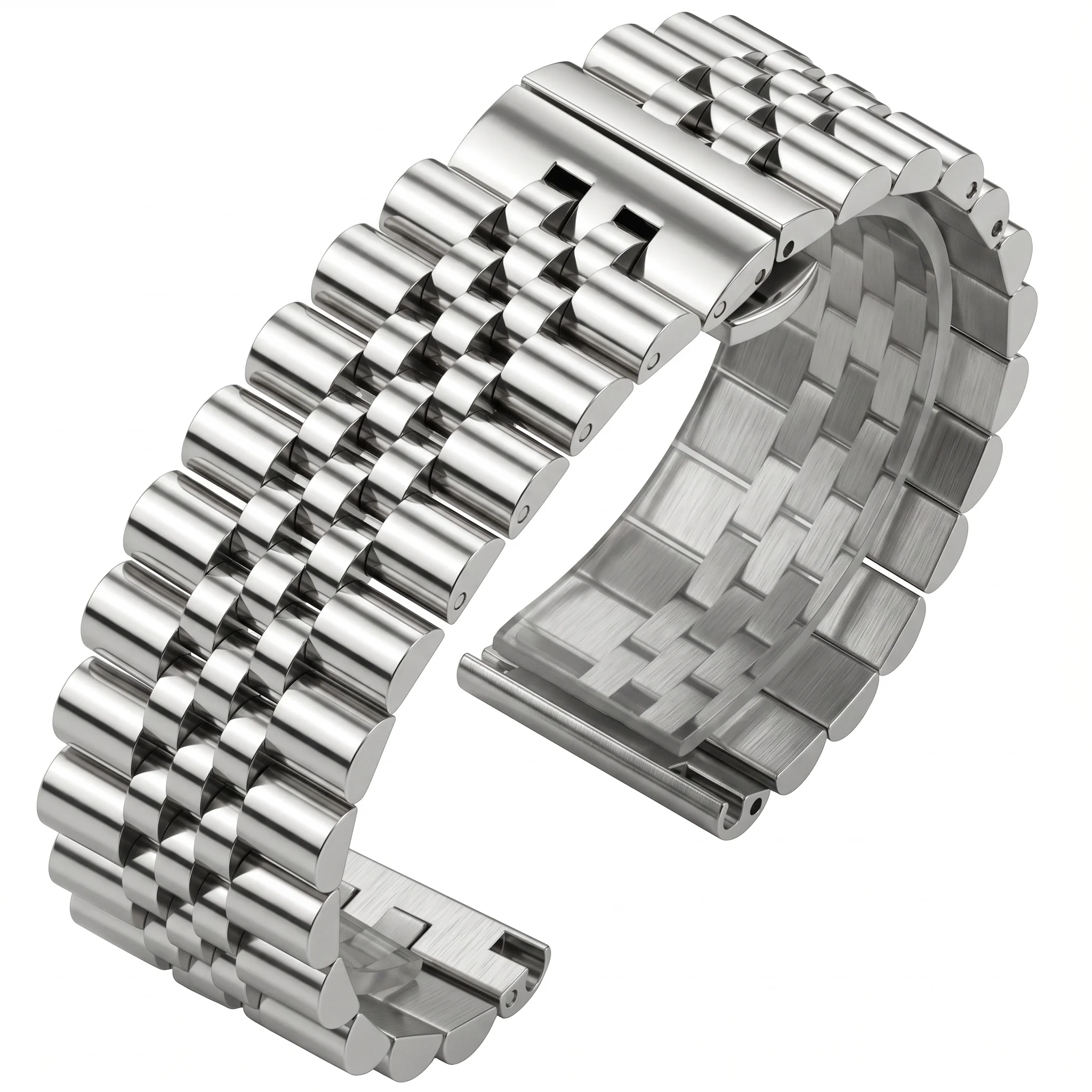 Premium Polished Silver Watch Bracelet 16-22mm Solid Metal Link Band Hidden Butterfly Clasp Men Women Accessories