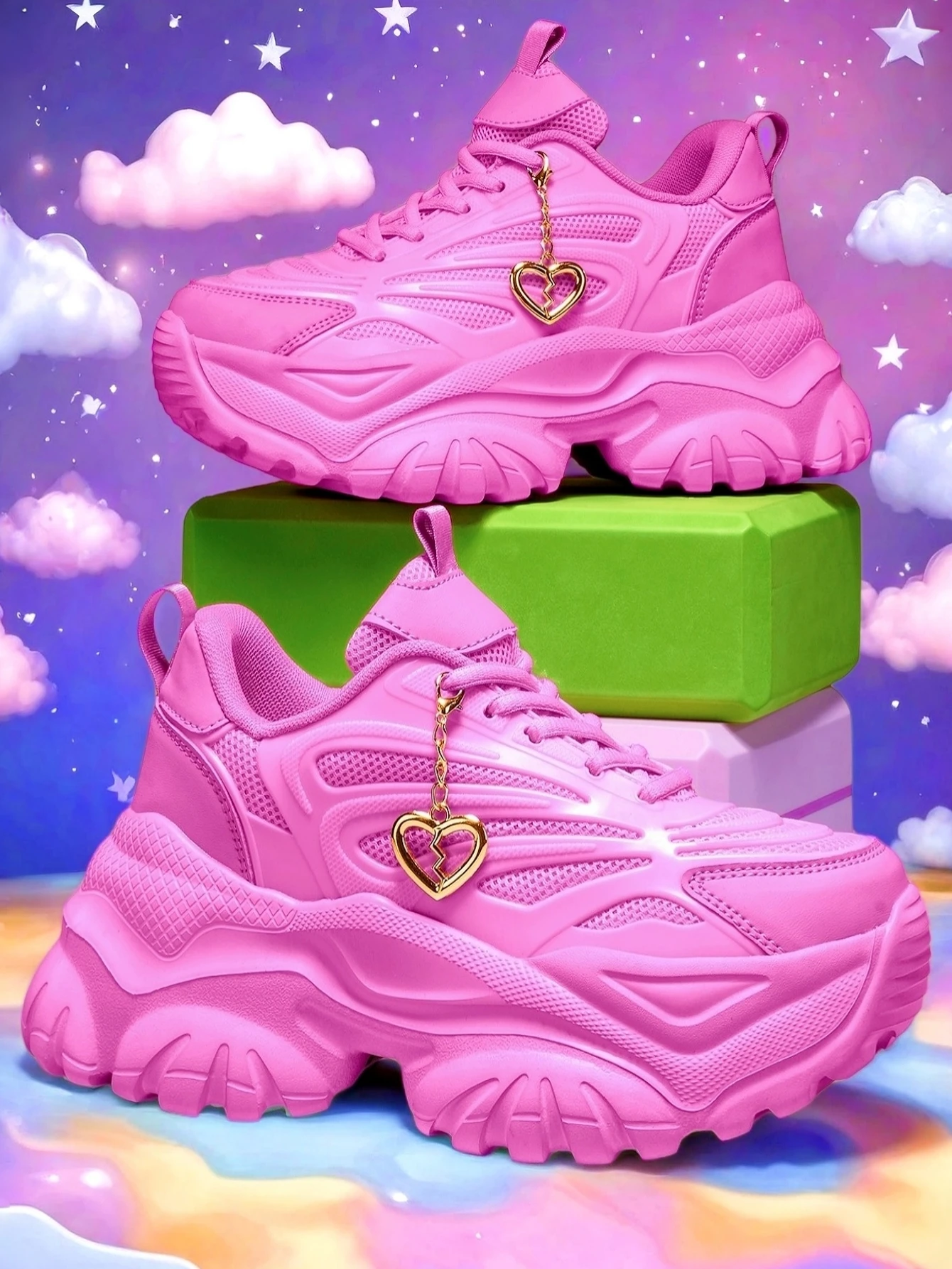 Leichte Damen-Outdoor-Schuhe aus EVA mit 7 cm Erhöhung der Höhe, rosa vulkanisierte Schuhe, kombiniert mit abnehmbarem goldenen Anhänger in Form eines gebrochenen Herzens, geeignet für Laufen, Fitness