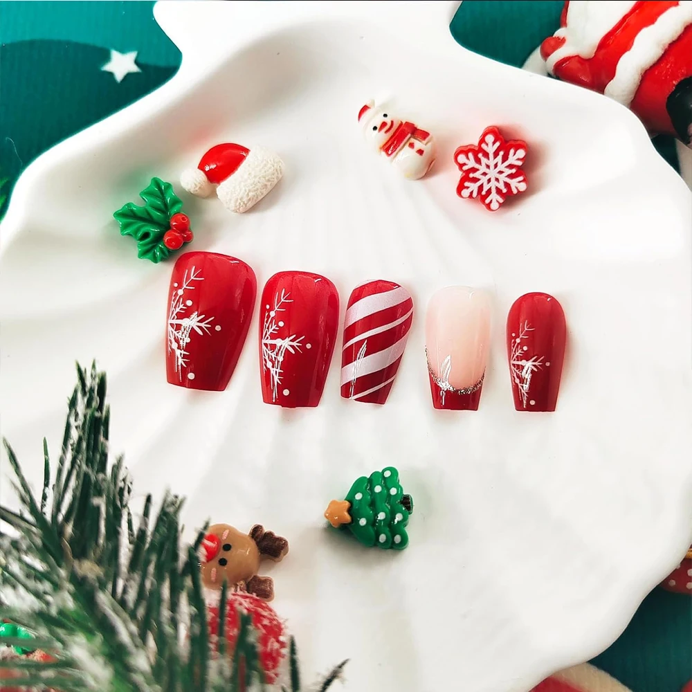 24pcs Red French Glitter Snowflake Fake Nails For Christmas 3D Red White Lines Design Press On Nails Short Coffin For Women Deco