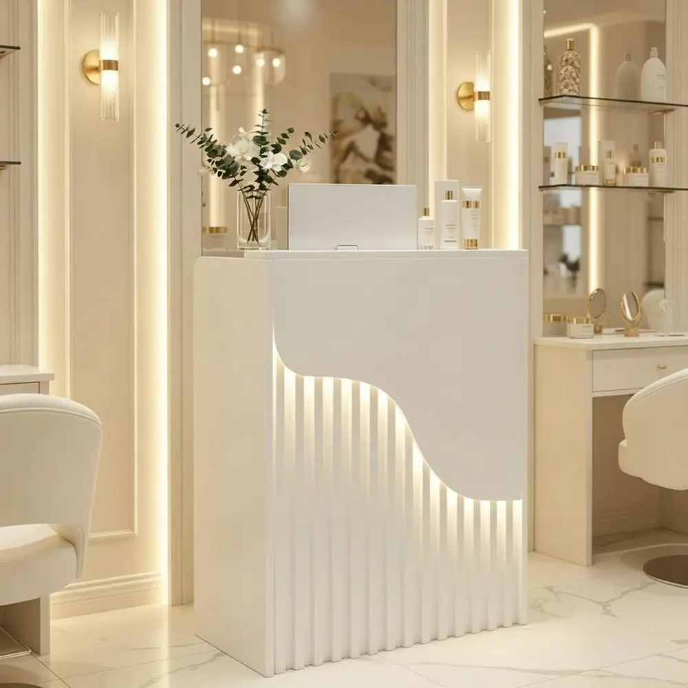

Compact Retail Desk with LED Light, Lockable Drawers, and Wooden Counter for Lobby or Office Use (White, 31.4 Inch)