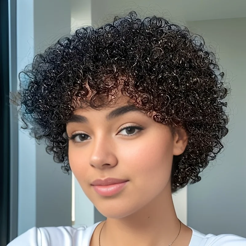 Афро-кудрявый вьющийся парик из человеческих волос с челкой, человеческий натуральный афро-парик, машинное производство