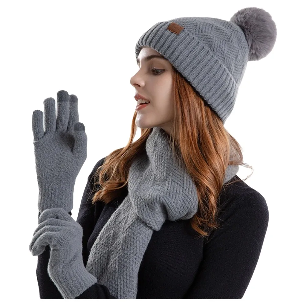 Set 3 Buah/Set Sarung Tangan Syal Topi Musim Dingin Hangat Set Syal Tebal Berlapis Penghangat Leher Set Beanie Rajut Tahan Angin Lembut