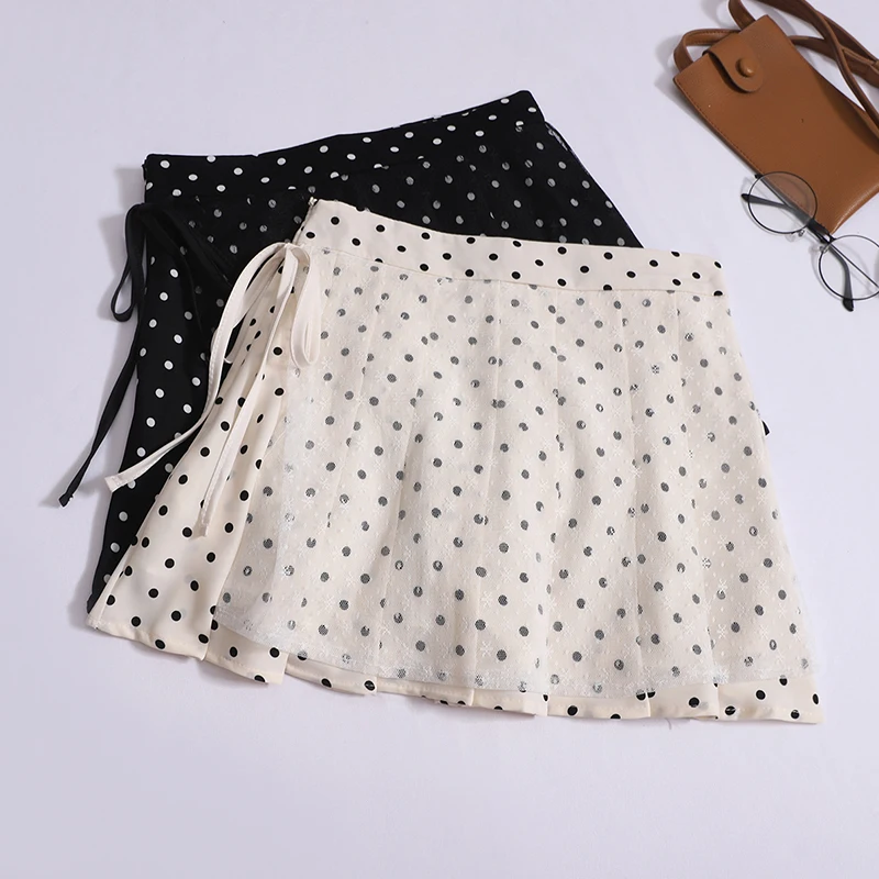 

Polka Dot Skirt Women's Summer Korean Sweet High Waist A Line Skirts Mesh Stitching Lace Pleated Skirt