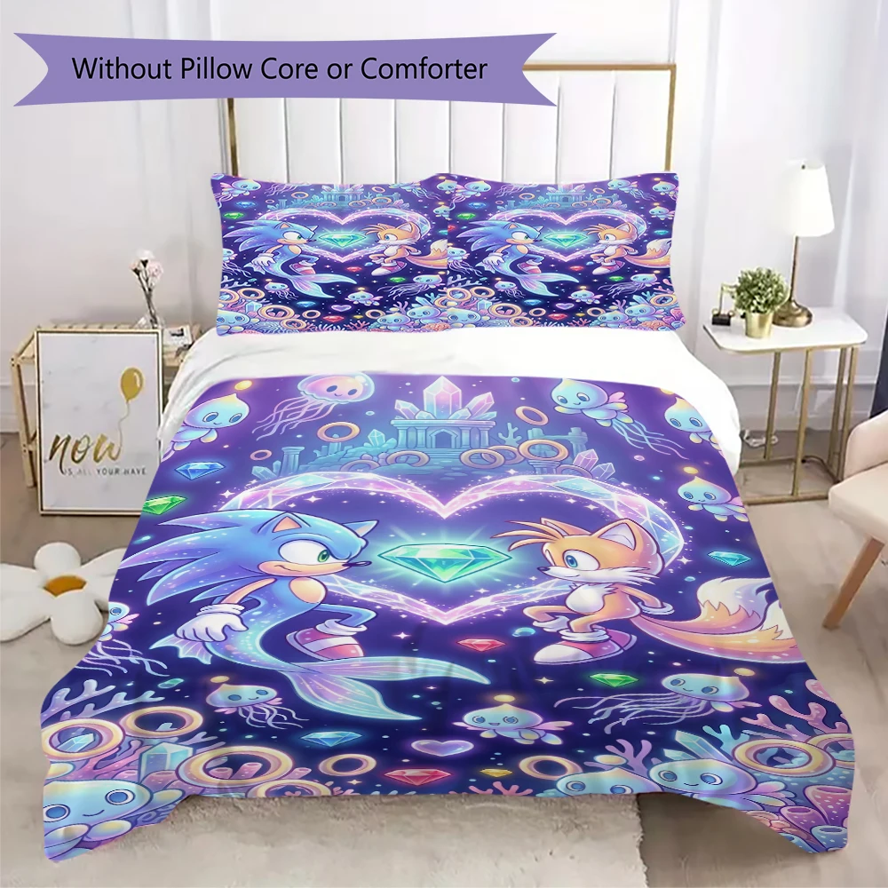 Anime Themed Sonic the Hedgehog Pillowcase & Duvet Cover Set Patterned Bedding Decor Ideal Gift for Lovers.-Xin
