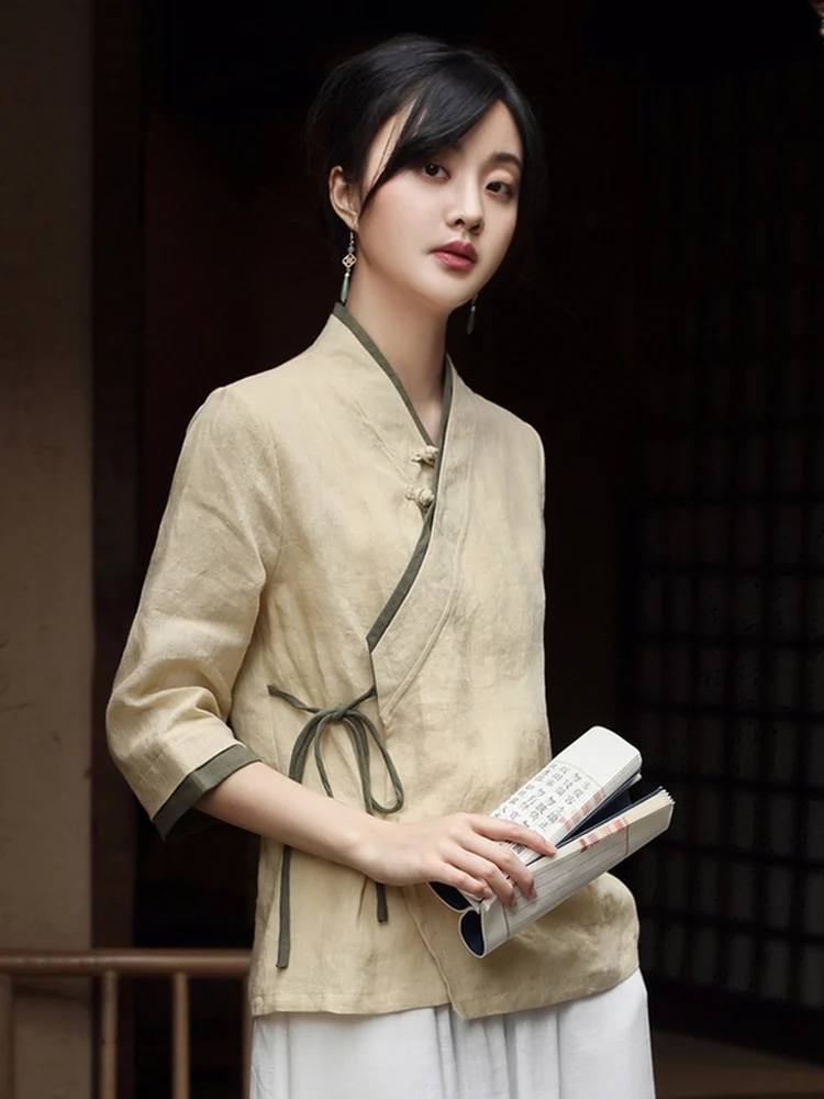 

New Chinese Sle Rvated Hanfu Top Women's Spring Summer Loose Retro Zen Tea Clothing Side Buttoned Cotton Linen irt