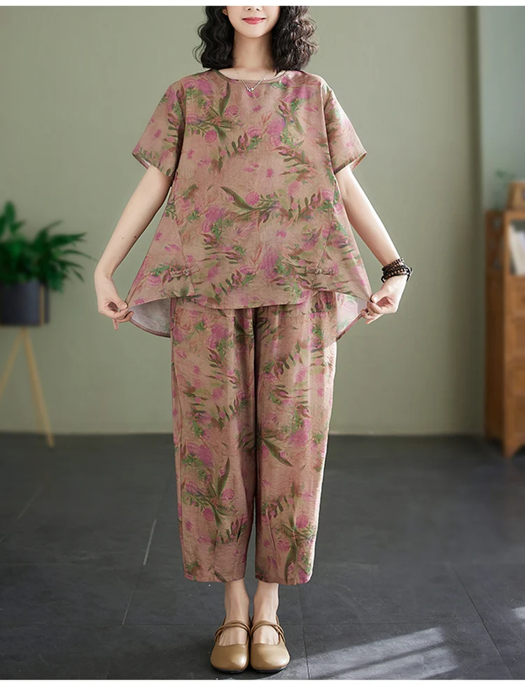 

Casual Cotton Linen Set Women Summer Large Size Short Sleeve Top Loose Pants Floral Print Versatile Wear for Mom Middle-Aged ...