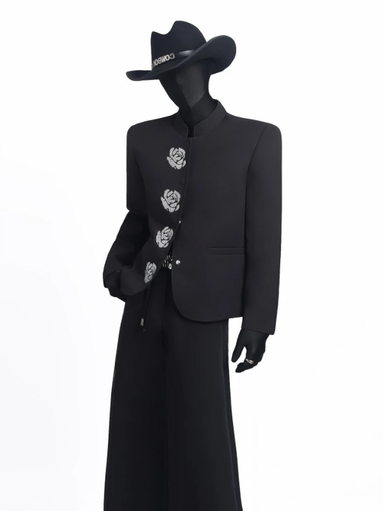 

Мужской пиджак в китайском стиле с воротником-стойкой, декорированный черными розами, с подплечниками, повседневная верхняя одежда из полиэстера, не мнется