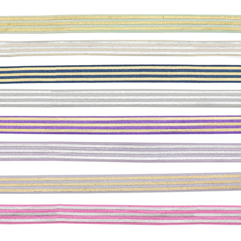 5/8'' 15mm Gold Silver Pink Rainbow Foil Stripes Printed FOE Band Fold Over Elastic Ribbon For DIY Sewing Accessories