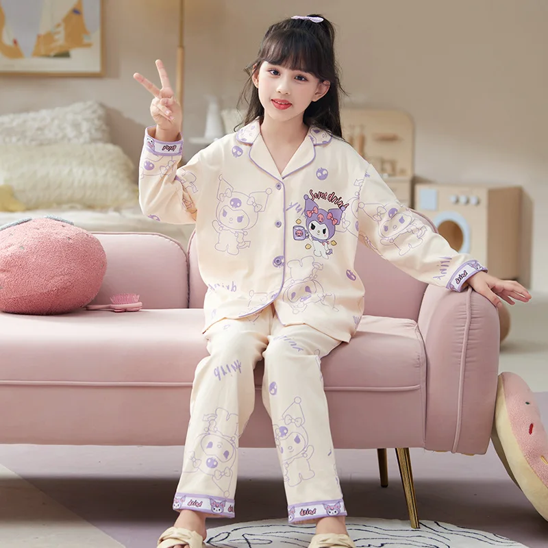 لطيف Kuromi الأطفال القطن الخالص الكرتون منامة بلدي ميلودي الإناث ربيع الخريف طويلة الأكمام السراويل التلبيب صالة الملابس دعوى