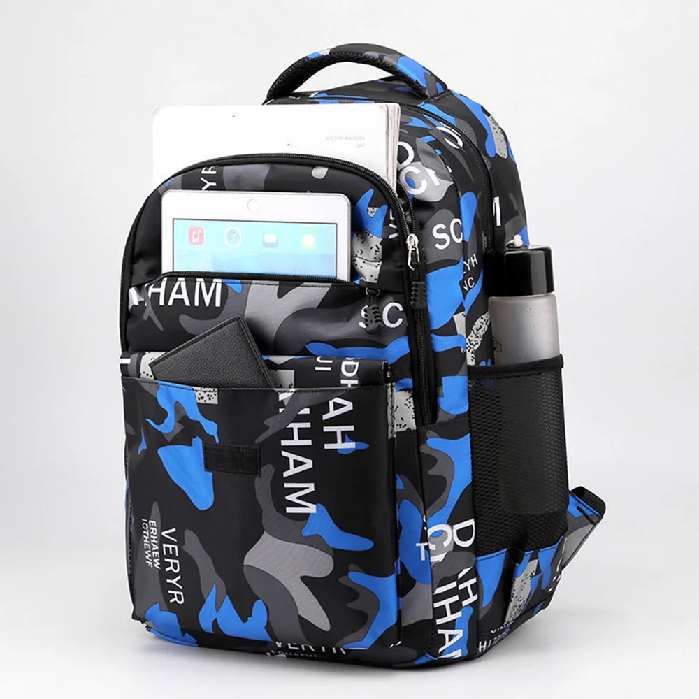 Mochila estampada camuflada para o ensino médio e médio, grande capacidade, meninos e meninas, casual