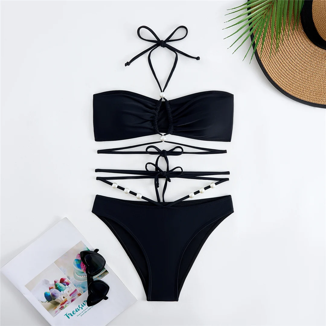 Perlenbesetzter Wickel-Bikini mit Rock, Damen-Badeanzug, dreiteiliges Bikini-Set, Badebekleidung, Badeanzug, Modell V6098 – Detail 14