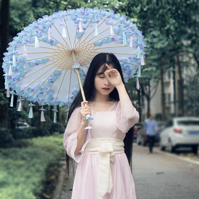 Hanfu Cosplay Animation Tassel Petal Hanfu Beach Umbrella Props Blue Purple Flower Umbrella Parasol Paraguas Inverso