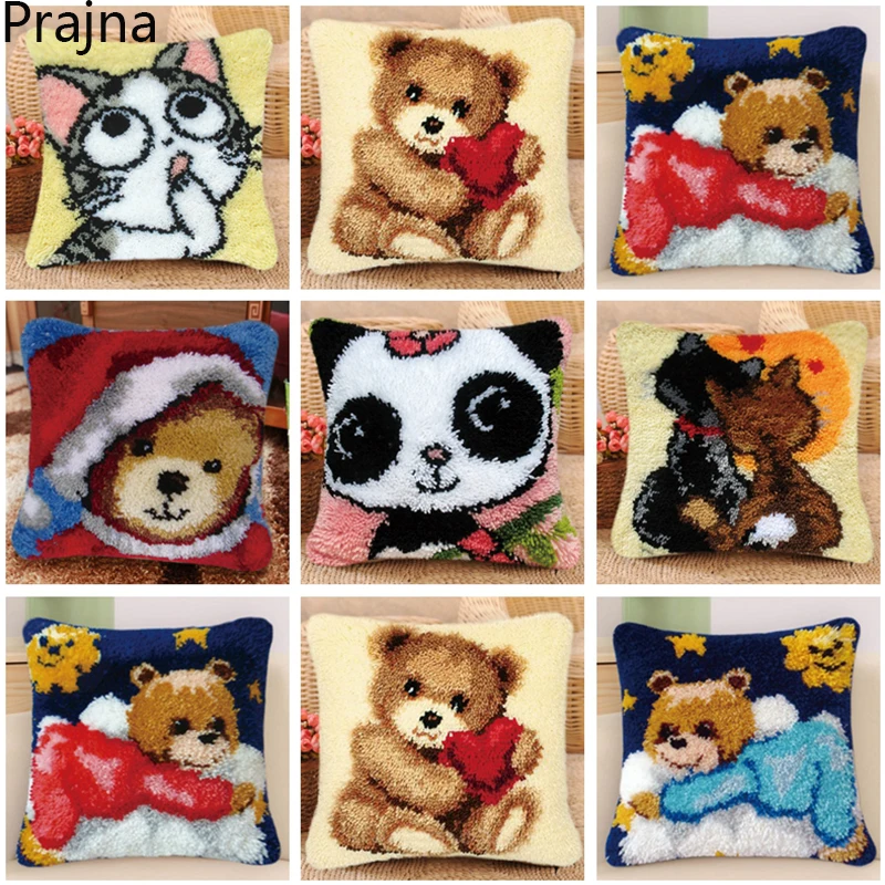 

New Bear Cat Panda Series Latch Hook Mat Kits Embroidery DIY Button Pad Package Smyrna klink haak Embroidery Pillow knooppakket