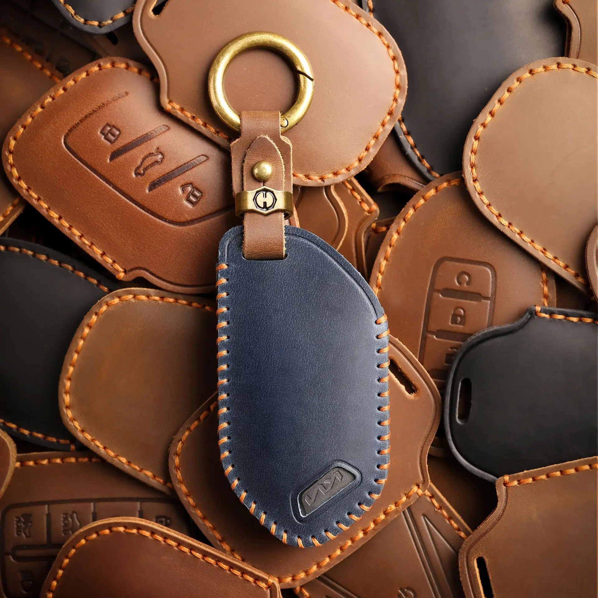 Fit for KIA New Smart Key Cover Genuine Leather Car Key Fob Case 5 6 7 8 9 Buttons Full Protection with Metal Ring
