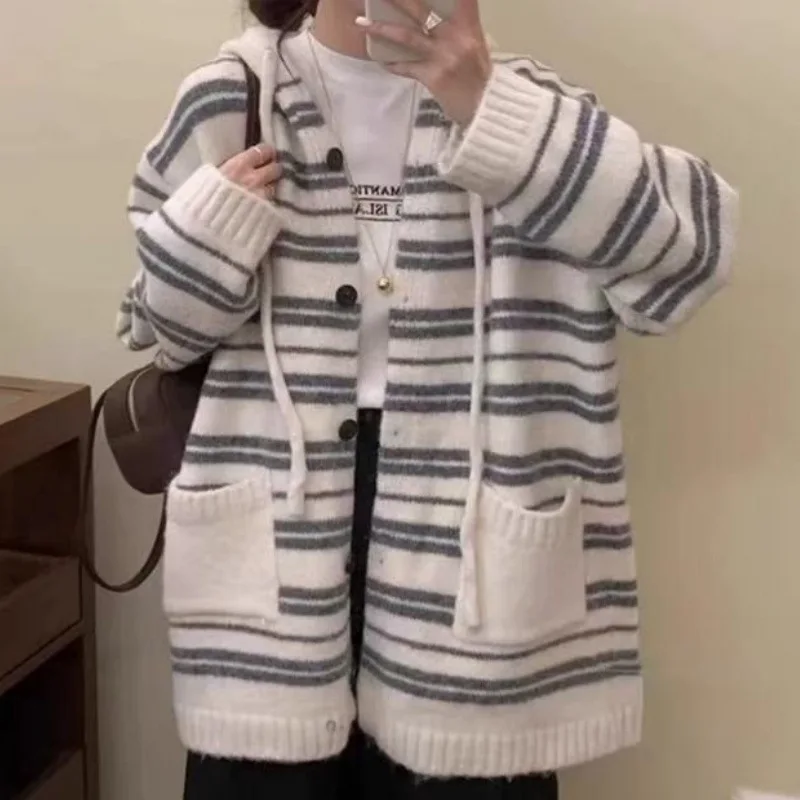 

Women's Striped Knitted Cardigan Hooded Jacket 2025 Autumn and Winter Temperament Lazy Style Loose Casual Sweater Top Thick