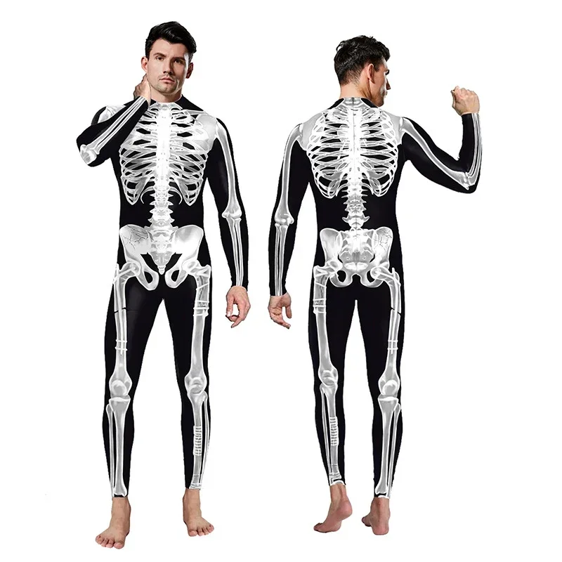 Cosplay Halloween Costume Men Skeleton Jumpsuit Zentai Suit Scary 3D Skull Carnival Fancy Dress Up Party Disguise Punk Bodysuit