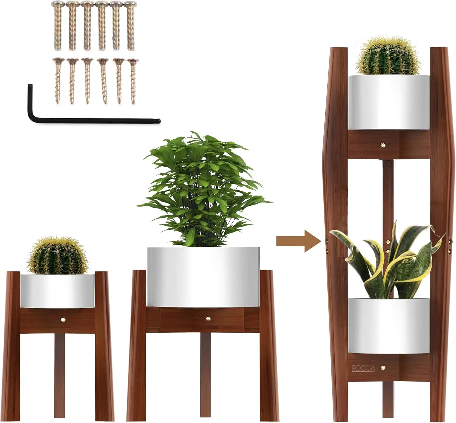 

Регулируемая бамбуковая подставка для растений с 2 ярусами, компактный дизайн для комнатных растений (8-12 дюймов)