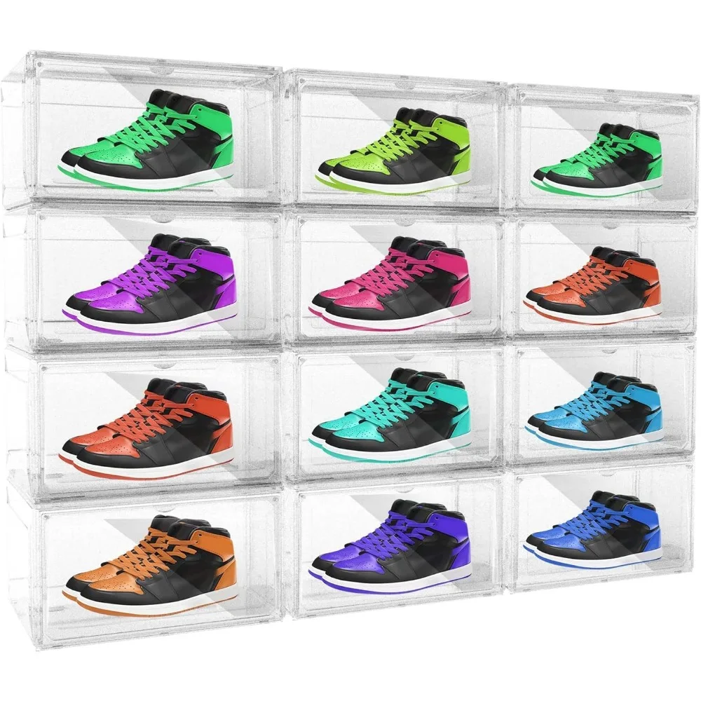 12 Pack Harder Shoe Storage Box, PET Clear Plastic Stackable Shoe Organizer with Front Magnetic Door for Sneakers Display, Space