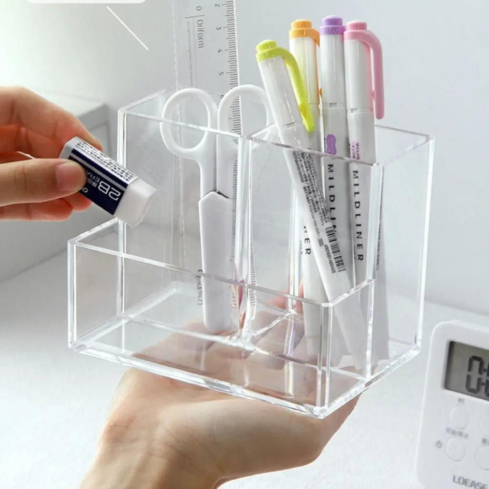 Large Capacity Transparent Desk Pen Holder Simple Acrylic Pencil Storage Box Clear Display Stationery Organizer Home Office
