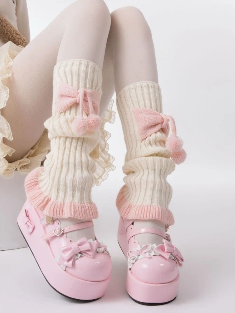 

Японские женские носки Sweet Lolita Jk, субкультурные белые, розовые вязаные чулки с бантом, новинка 2025 года, универсальный согревающий чехол для ног